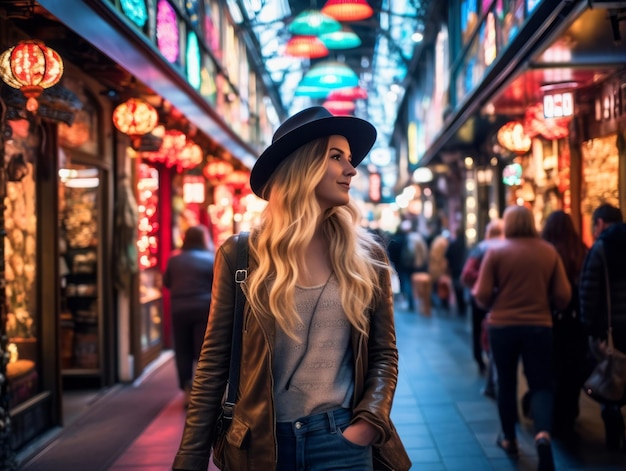 vrouw in futuristische kleding geniet van een ontspannen wandeling door de neonstraten van de stad