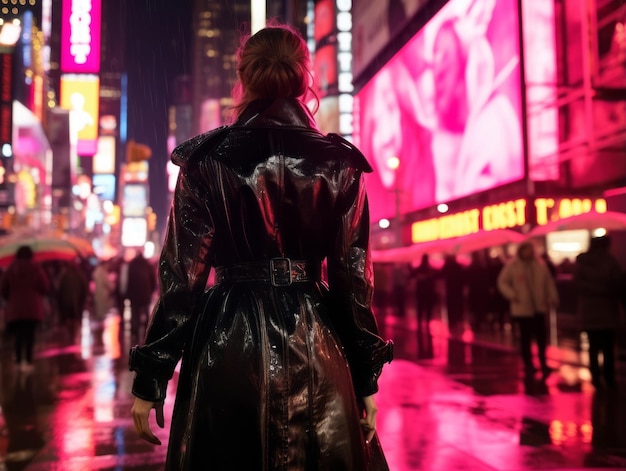 vrouw in futuristische kleding geniet van een ontspannen wandeling door de neonstraten van de stad