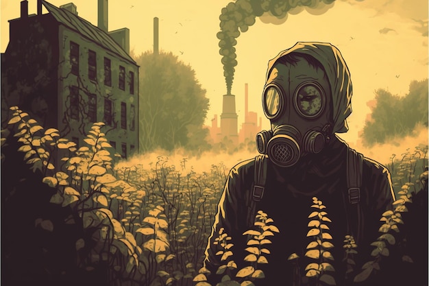 Vrouw in gasmasker staande in een overwoekerde fabriek digitale kunststijl illustratie schilderij fantasie illustratie van een meisje in een overwoekerde fabriek