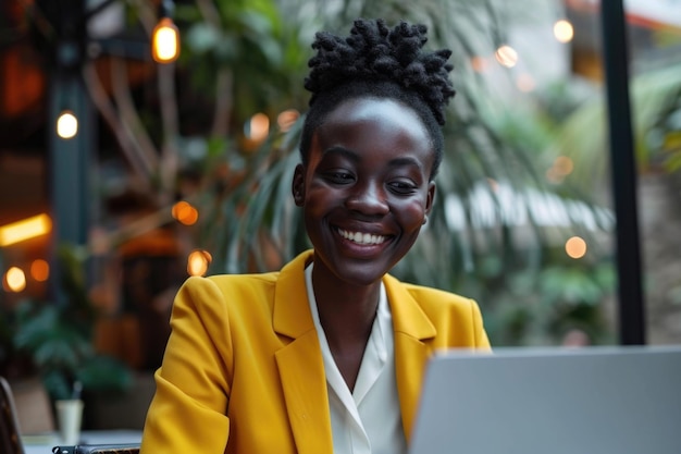 Vrouw in geel jasje glimlacht en zit aan tafel met laptop Concept van geluk en productiviteit als vrouw werkt of geniet van haar tijd tijdens het gebruik van laptop