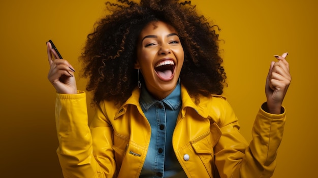 Vrouw in geel jasje met mobiele telefoon