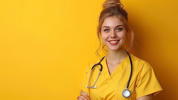 Vrouw in geel scrubpak met stethoscoop