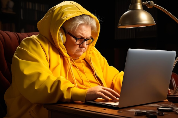 Vrouw in gele capuchon gebruikt een laptop met generatieve AI