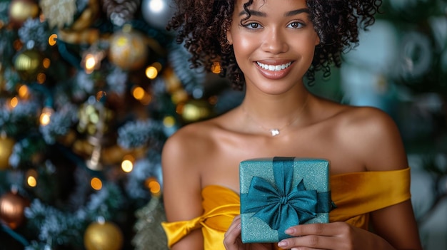 Vrouw in gele jurk met een geschenk