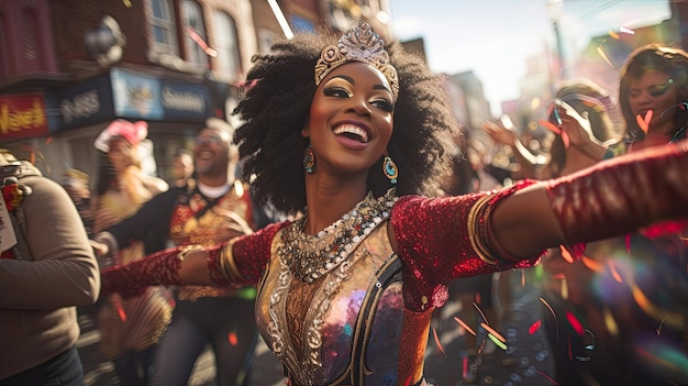 Vrouw in gele top danst op straat carnavalsdag
