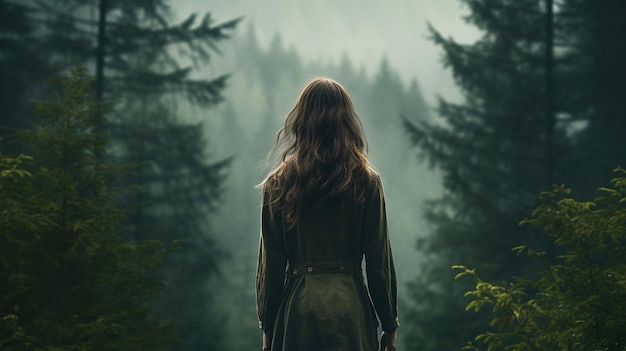 Vrouw in groene jurk staat in het bos.