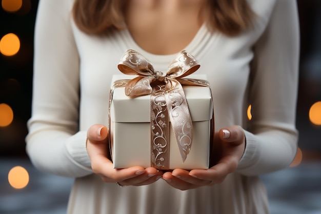 Vrouw in haar handen houdt een witte geschenkdoos met bruine lint bruine achtergrond