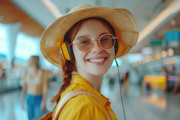 Vrouw in heldere comfortabele zomerkleding en koptelefoon op de luchthaven met behulp van smartphone AI gegenereerd