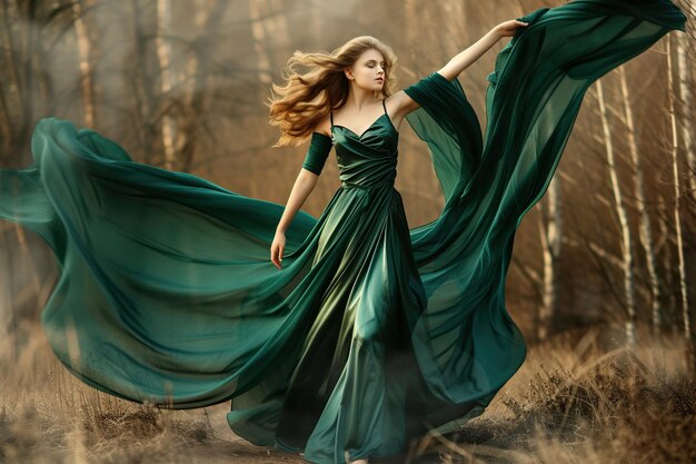 Vrouw in het bos, groene kleurrijke jurk met vliegende stof.