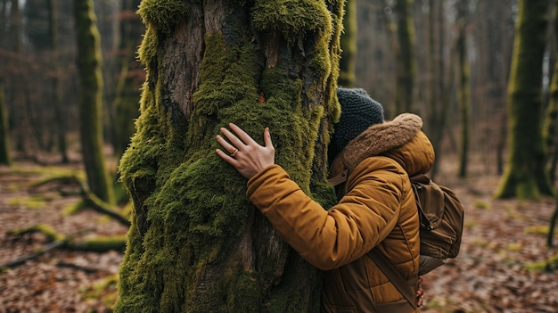 Foto vrouw in het groene bos met boomstam in de handen van een meisje