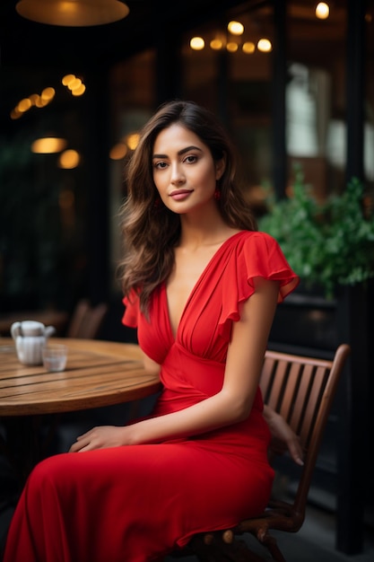 Vrouw in het rood zit aan een tafel buiten.