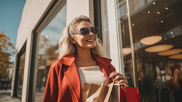 Vrouw in het winkelen Gelukkige vrouw die met boodschappentassen geniet van het winkelen Consumentisme winkelen levensstijl concept