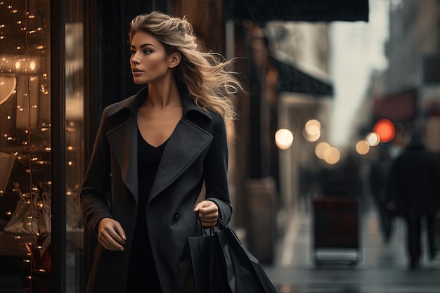 Vrouw in het winkelen Mode vrouw met boodschappentassen lopen na het winkelen Zwarte vrijdag