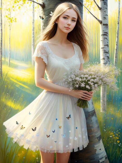 Vrouw in het zomerbosFelle jurk vlindersLange witte zomerjurkDigitale creatieve ontwerper kunsttekeningAI illustratie