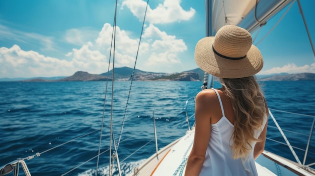 Vrouw in hoed op zeilboot jacht dag reizen