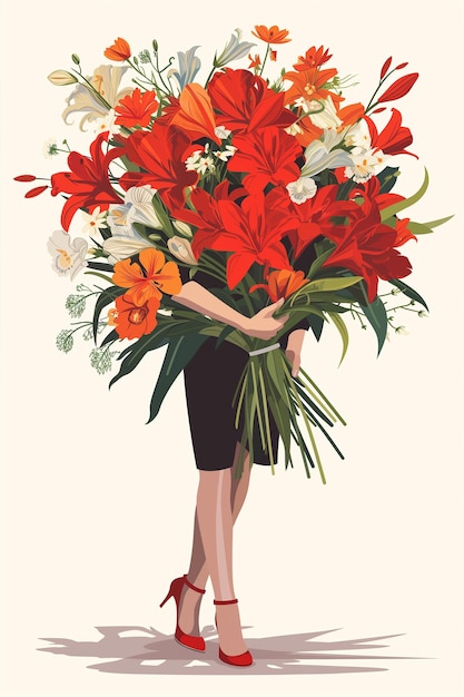 Vrouw in hoge hakken omhelst een enorm boeket bloemen moderne illustratie