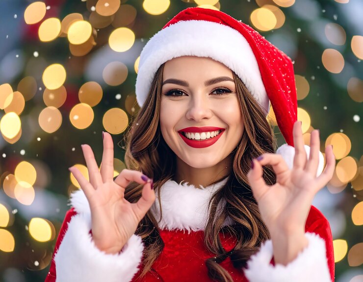 Vrouw in Kerstman hoed kerstverlichting