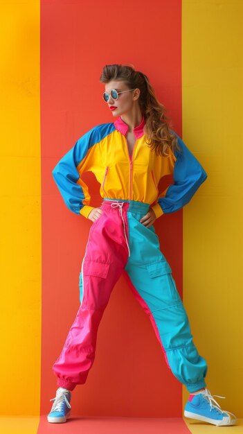 Vrouw in kleurrijke retro workout kleding poseert