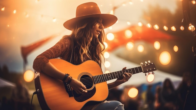 Vrouw in landelijke kleren met gitaar Onduidelijke achtergrond met muziekfestival