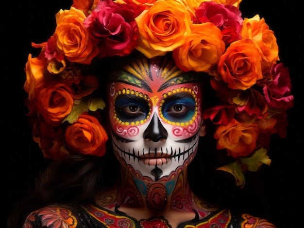 vrouw in levendige calavera-make-up viert de Dag van de Doden