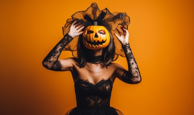 Foto vrouw in masker met halloween-pompoen op een gele achtergrond