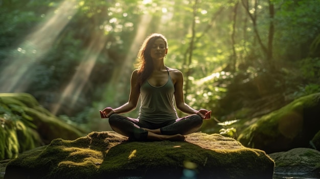 Vrouw in meditatie Backlit Pose met kalmte en energie Generatieve AI-afbeelding weber