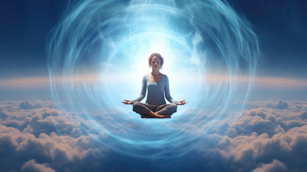 Vrouw in meditatie Backlit Pose met kalmte en energie Generatieve AI-afbeelding weber