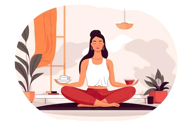 Foto vrouw in meditatie yoga post op greensward vector illustratie stijl
