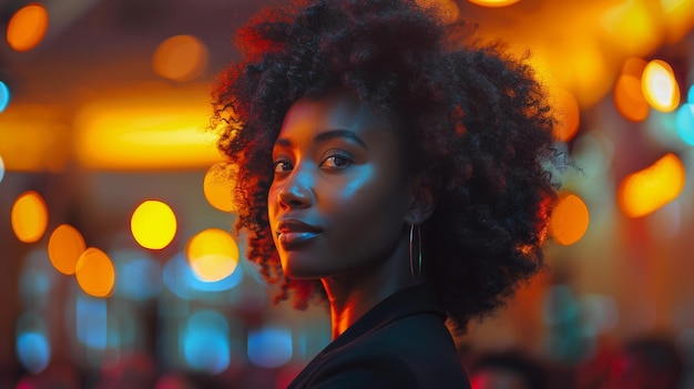 Vrouw in oranje blazer voor de menigte