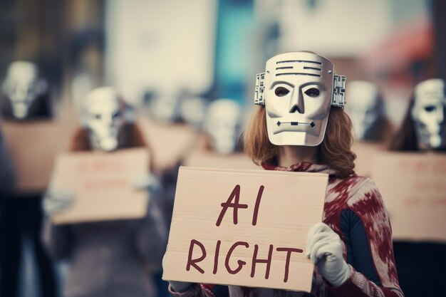 Vrouw in robotmasker met een protestbord voor AI-rechten