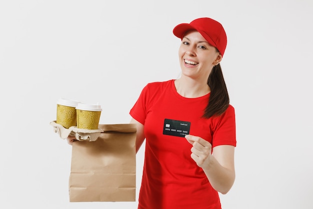 Vrouw in rode dop, t-shirt geven fastfood bestelling geïsoleerd op een witte achtergrond. Vrouwelijke koerier met creditcard, papieren pakje met eten, koffie. Levering van producten van winkel of restaurant aan huis.