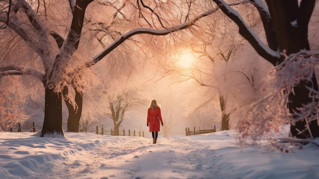 Vrouw in rode jas loopt in een besneeuwd bos bij zonsondergang Mooi winterlandschap