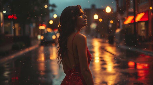 Vrouw in rode jurk staat in de regen