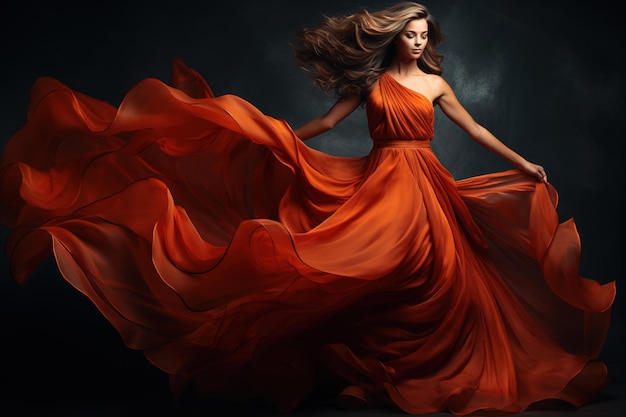 Vrouw in rode wuivende jurk met vliegende stof