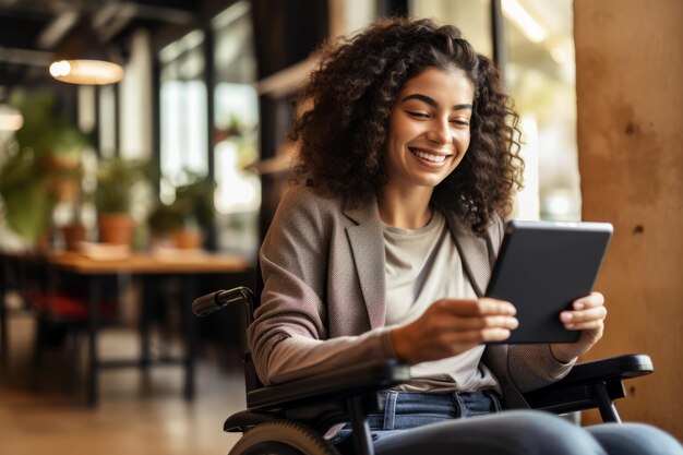 Vrouw in rolstoel gebruikt de tablet