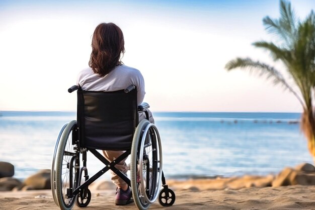 Vrouw in rolstoel genietend van een uitzicht op het strand