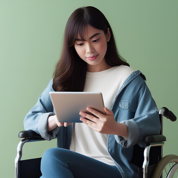 Vrouw in rolstoel met een handicap die een tablet gebruikt