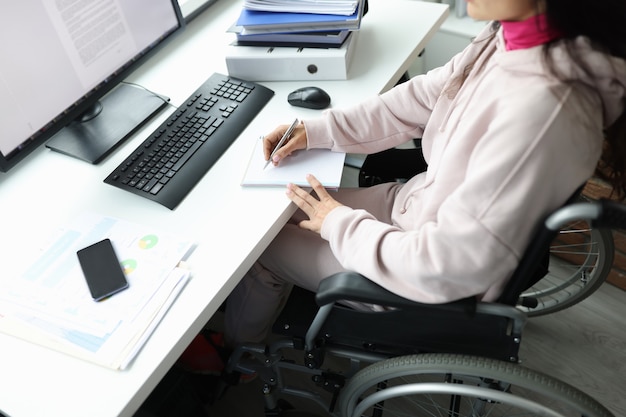 Vrouw in rolstoel werkt op computer op werkplek op afstand werken voor mensen met een handicap