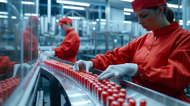 Vrouw in rood uniform werkt aan een transportband