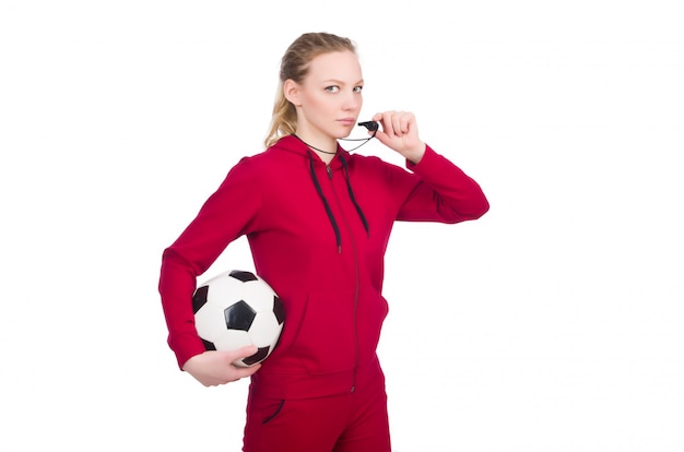 Vrouw in sportenconcept op wit wordt geïsoleerd dat