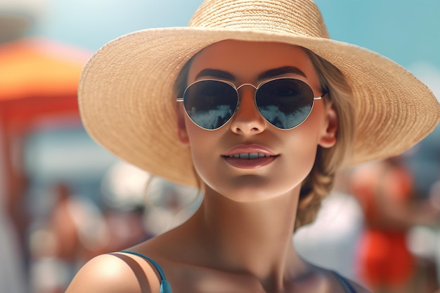 Vrouw in strohoed en zonnebril op strand