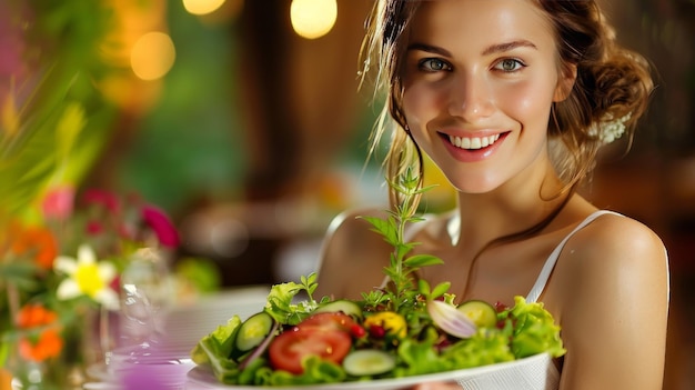 Foto vrouw in strohoed met frisse salade schaal glimlachend