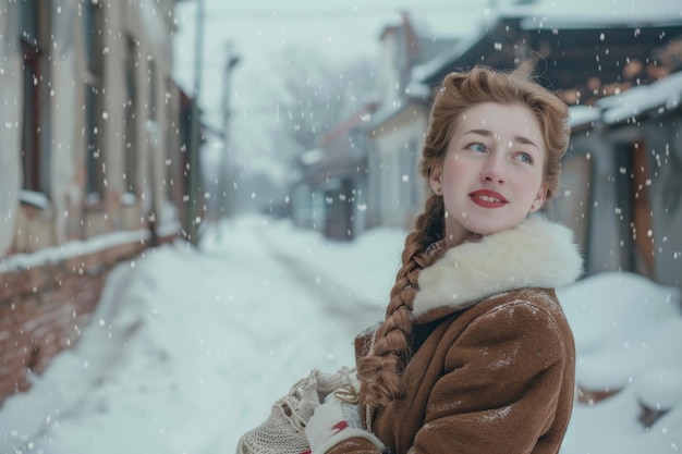 Vrouw in vintage winter outfit met grote vlecht glimlachend