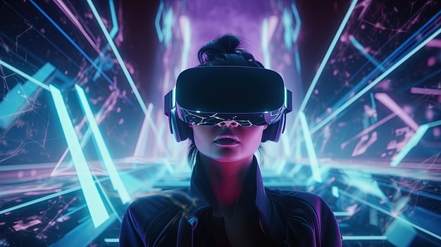 Vrouw in VR-bril in neon ruimte digitale kunst illustratie Generatieve AI