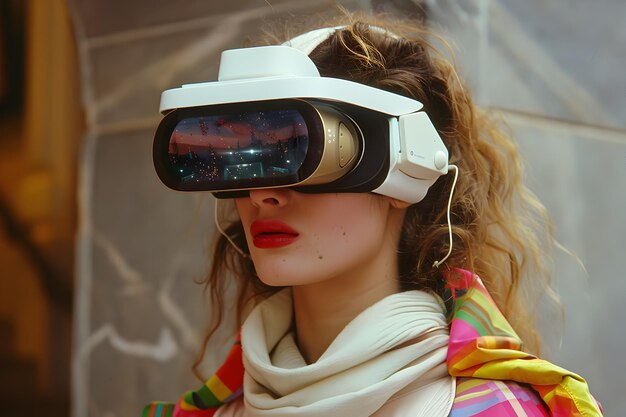 Vrouw in VR-headset in een retro-futuristische setting