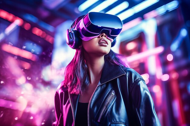 Vrouw in VR over donkere gloeiende achtergrond