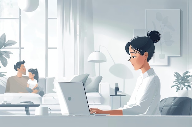 vrouw in wit shirt die aan een moderne laptop werkt in een minimalistisch kantoor thuis Familie op de achtergrond man en kind die samen plezier hebben op de bank freelance afstandswerk thuis concept