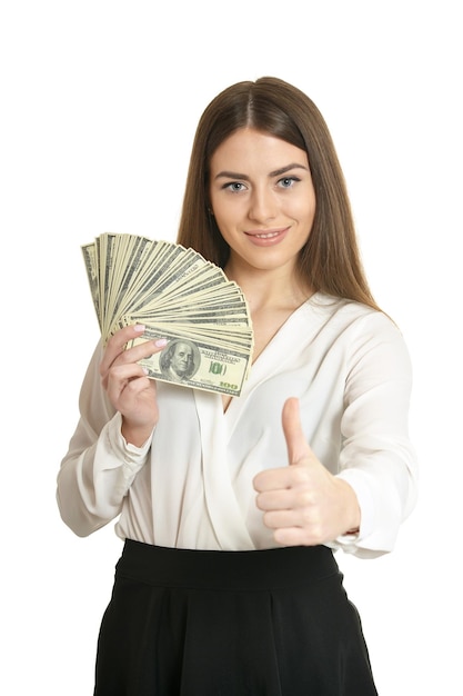 Vrouw in witte blouse die geld aanhoudt