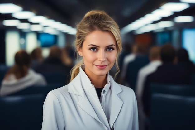 Vrouw in witte jas glimlacht naar de camera Generatieve AI