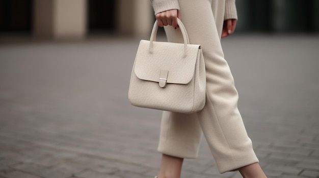 vrouw in witte jas met handtas die door de stad loopt